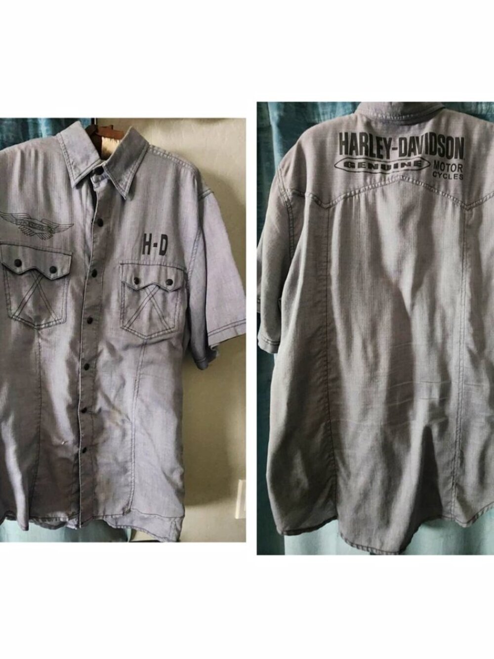 Harley-Davidson Motorcycle Men's Gray L Short Sleeve Button-Up Collar Pockets